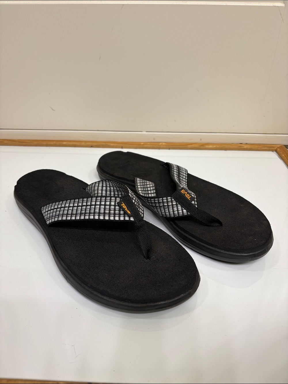 Teva Voya Black Flip-Flop Sandals with Black & White Check Straps